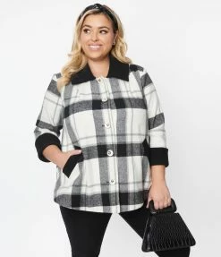 Unique Vintage Plus Size Black & White Plaid Ahoy There Short Swing Coat