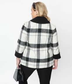 Unique Vintage Plus Size Black & White Plaid Ahoy There Short Swing Coat