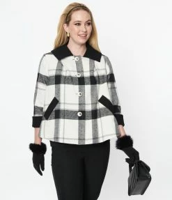 Unique Vintage Black & White Plaid Ahoy There Short Swing Coat