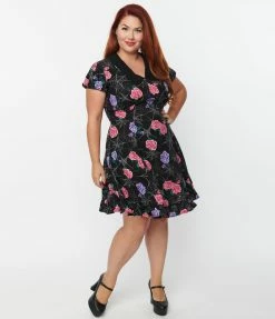 Pop Soda Hell Bunny Plus Size Black Spiderweb & Roses Eloise Mini Dress