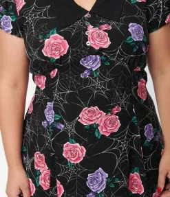 Pop Soda Hell Bunny Plus Size Black Spiderweb & Roses Eloise Mini Dress