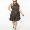 New Arrivals! Unique Vintage Plus Size Black & Rainbow Dots Fit & Flare Dress