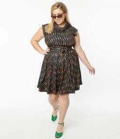 New Arrivals! Unique Vintage Plus Size Black & Rainbow Dots Fit & Flare Dress