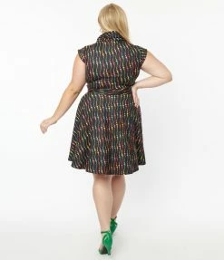 New Arrivals! Unique Vintage Plus Size Black & Rainbow Dots Fit & Flare Dress