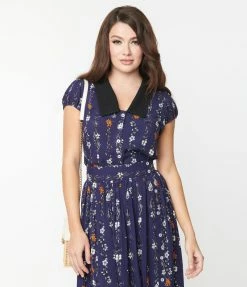 Pop Soda Hell Bunny Navy Floral Print Asta Blouse Trending