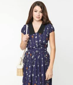 Pop Soda Hell Bunny Navy Floral Print Asta Blouse Trending