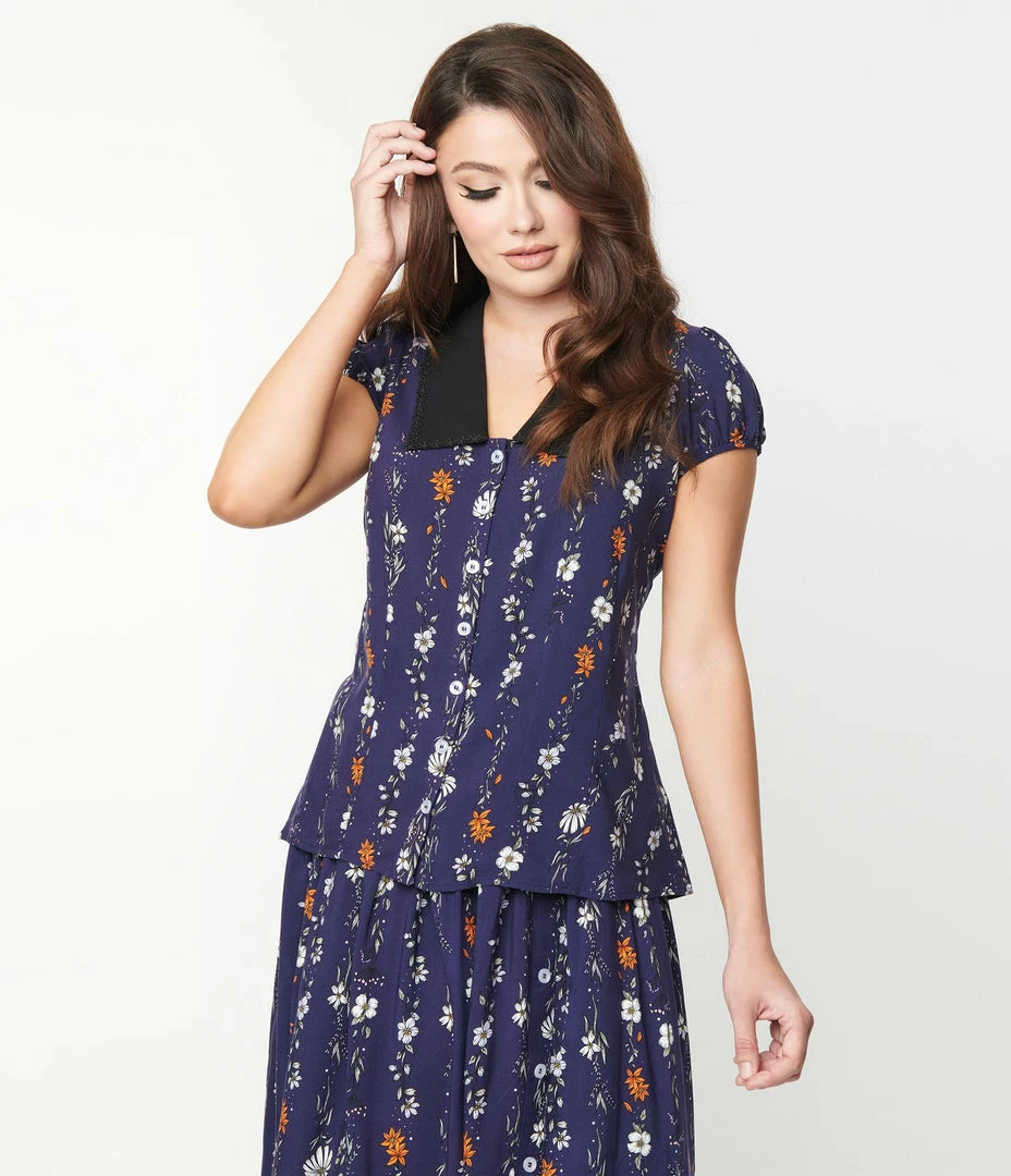 Pop Soda Hell Bunny Navy Floral Print Asta Blouse Trending
