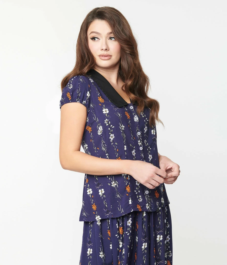Pop Soda Hell Bunny Navy Floral Print Asta Blouse Trending