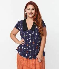 Pop Soda Trending Hell Bunny Plus Size Navy Floral Print Asta Blouse