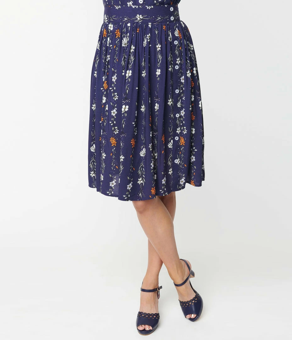 Pop Soda Hell Bunny Navy Floral Print Asta Midi Skirt Trending