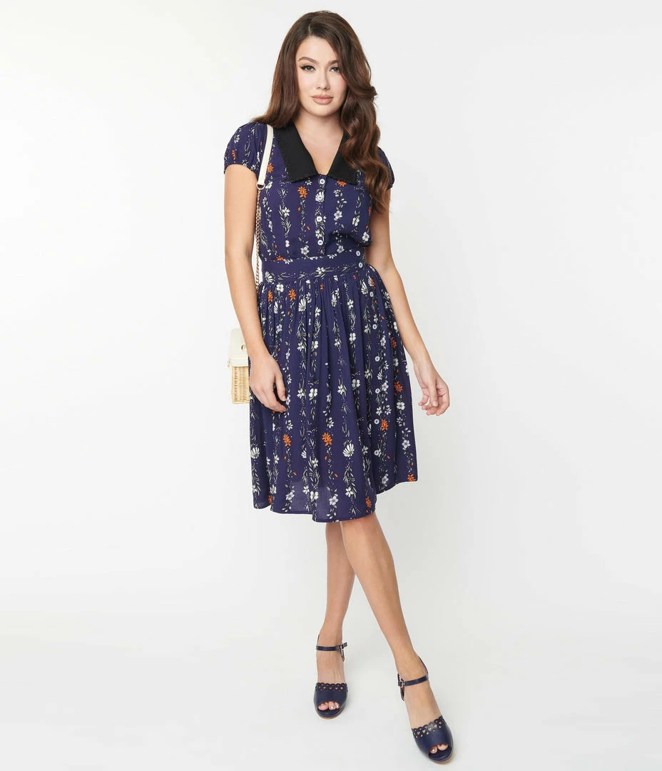 Pop Soda Hell Bunny Navy Floral Print Asta Midi Skirt Trending
