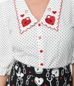 Pop Soda Clothing Hell Bunny White Polka Dot & Heart Lock Blouse