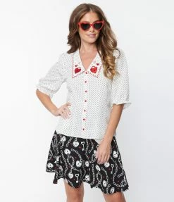 Pop Soda Clothing Hell Bunny White Polka Dot & Heart Lock Blouse