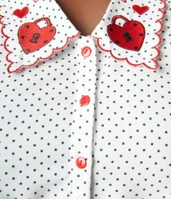 Pop Soda Hell Bunny Plus Size White Polka Dot & Heart Lock Blouse