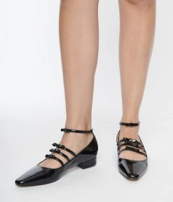 Unique Vintage Black Patent Strappy Bow Mary Jane Shoes Unique Vintage Brand