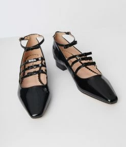 Unique Vintage Black Patent Strappy Bow Mary Jane Shoes Unique Vintage Brand