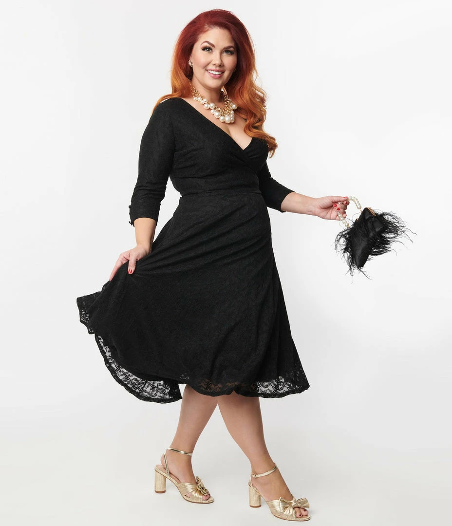 Unique Vintage Plus Size Black Lace Gilda Swing Dress