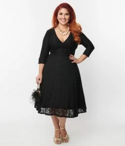 Unique Vintage Plus Size Black Lace Gilda Swing Dress