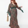Unique Vintage Plus Size Green & Orange Bali Floral Print Maxi Dress Clothing