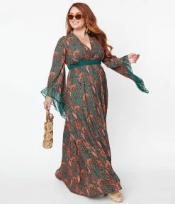 Unique Vintage Plus Size Green & Orange Bali Floral Print Maxi Dress Clothing