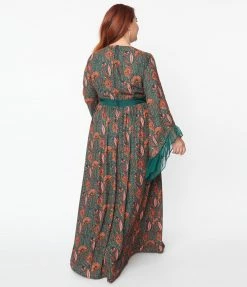 Unique Vintage Plus Size Green & Orange Bali Floral Print Maxi Dress Clothing