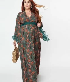Unique Vintage Plus Size Green & Orange Bali Floral Print Maxi Dress Clothing