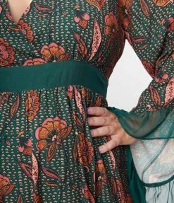 Unique Vintage Plus Size Green & Orange Bali Floral Print Maxi Dress Clothing