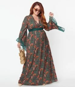 Unique Vintage Plus Size Green & Orange Bali Floral Print Maxi Dress Clothing