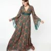 Unique Vintage Green & Orange Bali Floral Print Maxi Dress New Arrivals!