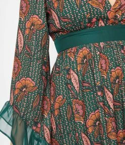 Unique Vintage Green & Orange Bali Floral Print Maxi Dress New Arrivals!