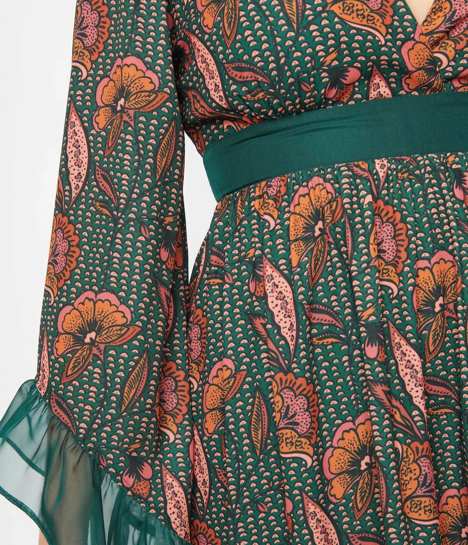 Unique Vintage Green & Orange Bali Floral Print Maxi Dress New Arrivals!