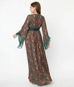 Unique Vintage Green & Orange Bali Floral Print Maxi Dress New Arrivals!