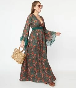 Unique Vintage Green & Orange Bali Floral Print Maxi Dress New Arrivals!