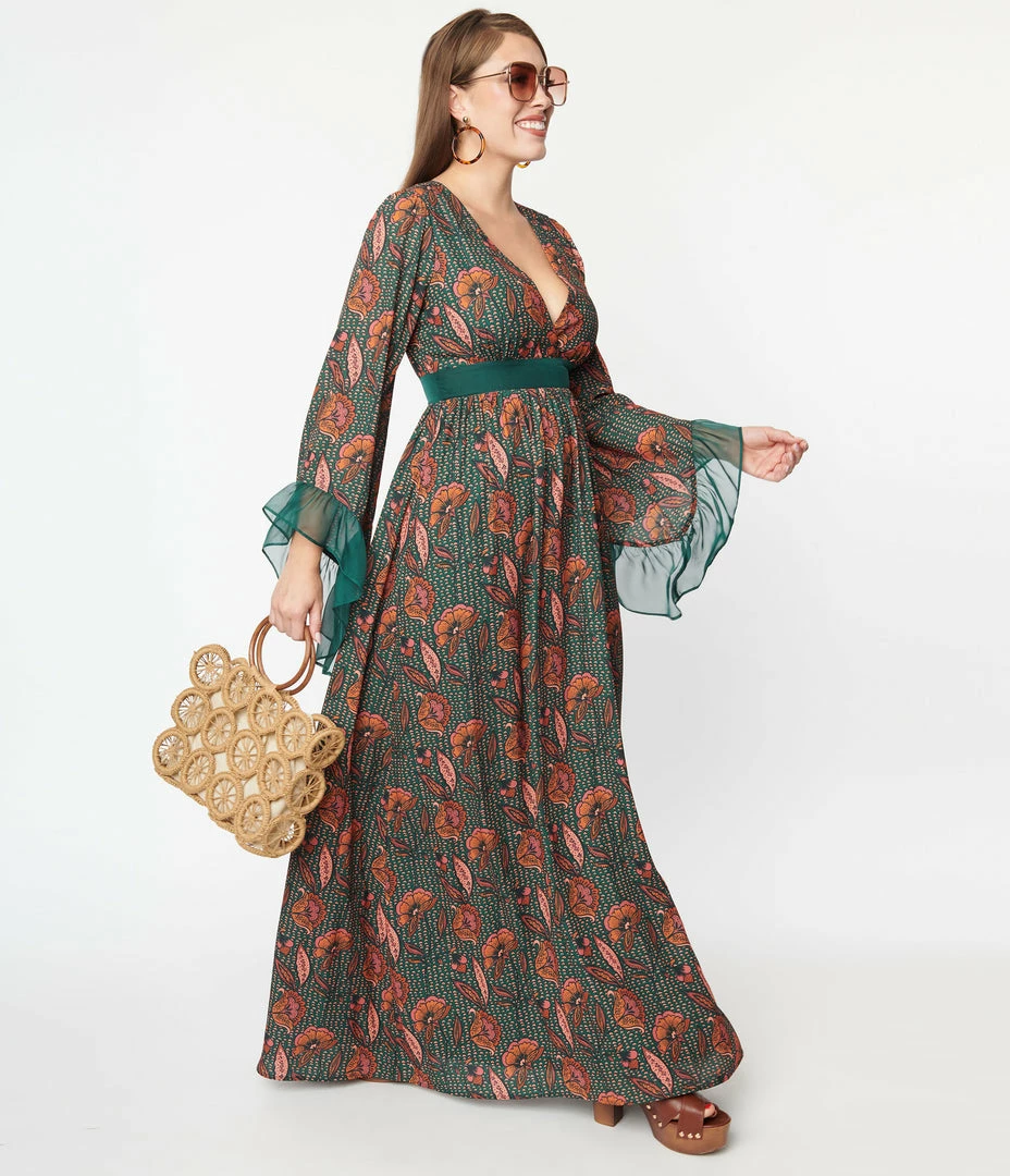 Unique Vintage Green & Orange Bali Floral Print Maxi Dress New Arrivals!