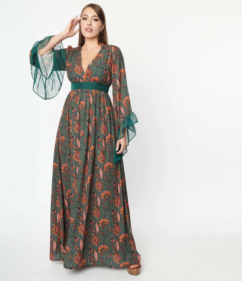 Unique Vintage Green & Orange Bali Floral Print Maxi Dress New Arrivals!