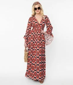 New Arrivals! Unique Vintage Red Retro Infinity Print Maxi Dress