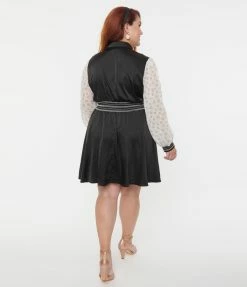 Clothing Unique Vintage Plus Size Black & Ivory Neck Tie Flare Dress