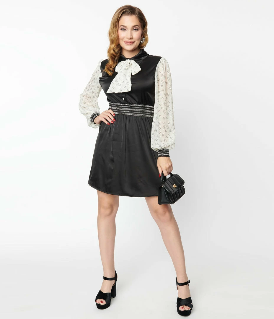 Unique Vintage Black & Ivory Neck Tie Flare Dress Clothing