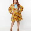 Unique Vintage Plus Size Mustard & Multi Butterfly Neck Tie Flare Dress New Arrivals!