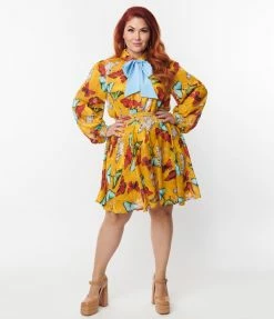 Unique Vintage Plus Size Mustard & Multi Butterfly Neck Tie Flare Dress New Arrivals!