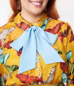 Unique Vintage Plus Size Mustard & Multi Butterfly Neck Tie Flare Dress New Arrivals!