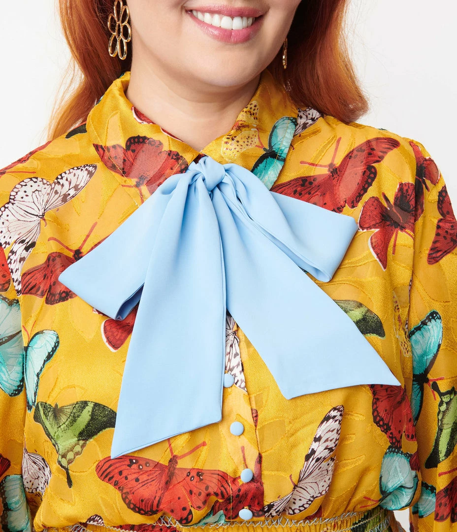 Unique Vintage Plus Size Mustard & Multi Butterfly Neck Tie Flare Dress New Arrivals!