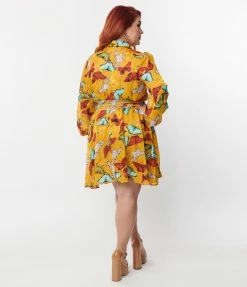 Unique Vintage Plus Size Mustard & Multi Butterfly Neck Tie Flare Dress New Arrivals!