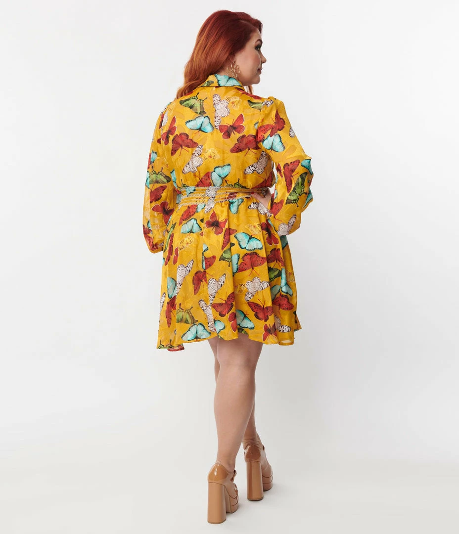 Unique Vintage Plus Size Mustard & Multi Butterfly Neck Tie Flare Dress New Arrivals!