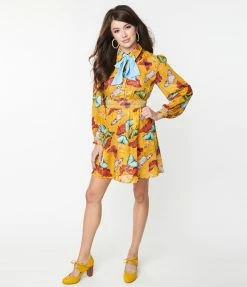 Unique Vintage Mustard & Multi Butterfly Neck Tie Flare Dress New Arrivals!