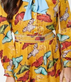 Unique Vintage Mustard & Multi Butterfly Neck Tie Flare Dress New Arrivals!