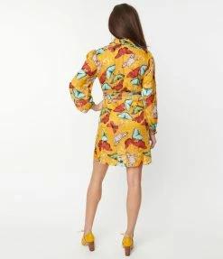 Unique Vintage Mustard & Multi Butterfly Neck Tie Flare Dress New Arrivals!