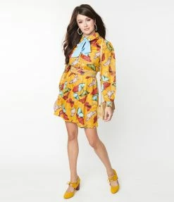 Unique Vintage Mustard & Multi Butterfly Neck Tie Flare Dress New Arrivals!