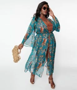 New Arrivals! Unique Vintage Plus Size Peacock & Tigers Long Sleeved Kimono