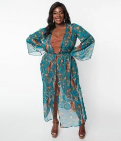 New Arrivals! Unique Vintage Plus Size Peacock & Tigers Long Sleeved Kimono